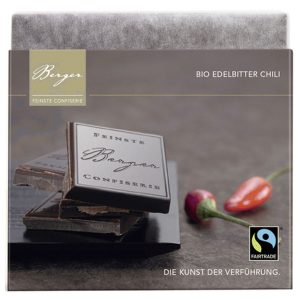 90g Edelbitterschokolade mit scharfer Chili-Note von Confiserie Berger – dunkle Schokoladentafel mit Chili