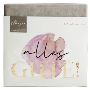 Bio Vollmilchschokoladentafel 70g mit „Alles Gute“ Schriftzug von Confiserie Berger – handgefertigte Schokolade