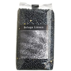 Eine Packung Schwarze Beluga Linsen der Marke Viani.