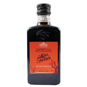 Eine Flasche gereifter Balsamico-Essig (Aceto Balsamico Invecchiato) der Marke Mas Tarrés.