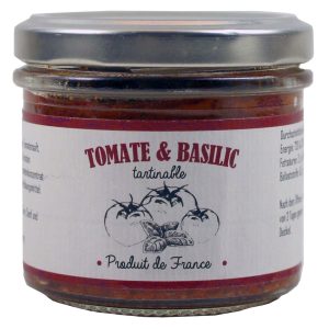 Ein Glas Tomate Basilic (Tomaten- und Basilikum-Aufstrich) der Marke Cruscana.