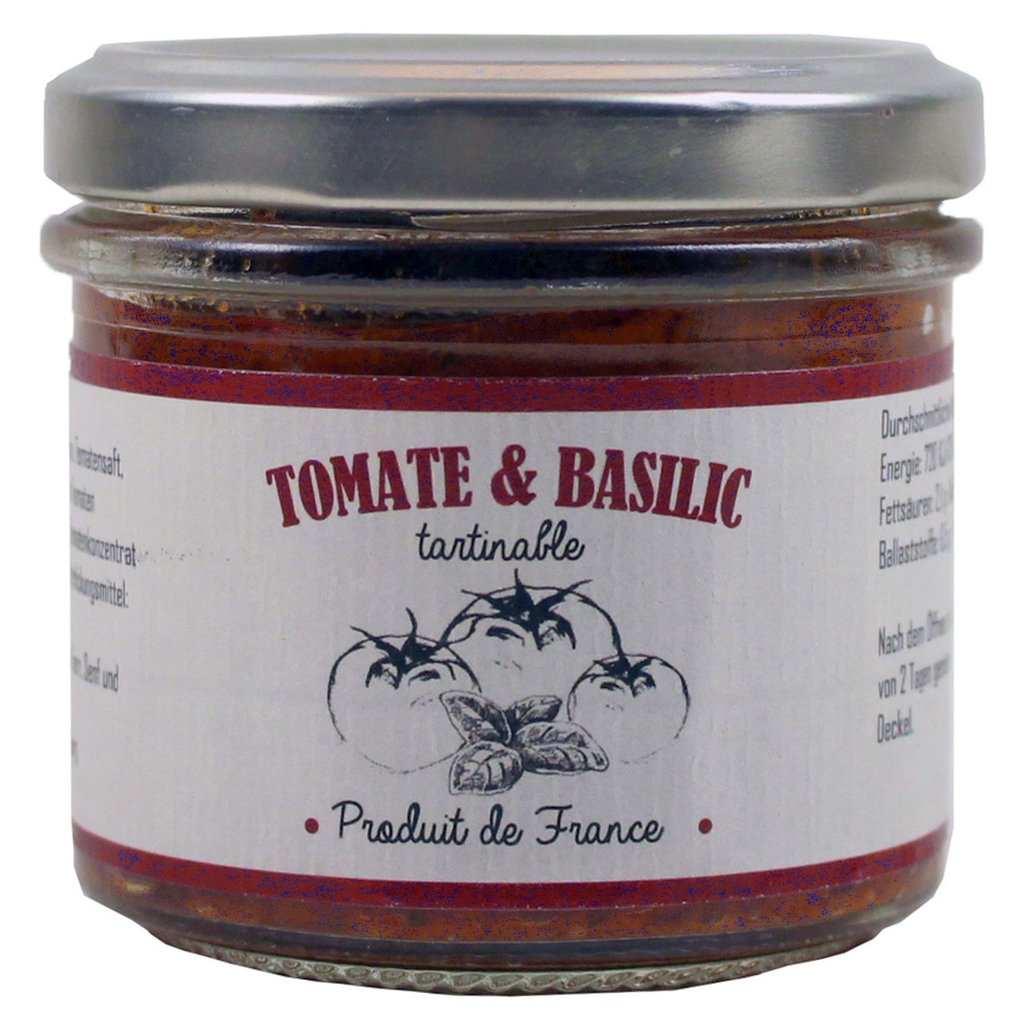 Ein Glas Tomate Basilic (Tomaten- und Basilikum-Aufstrich) der Marke Cruscana.