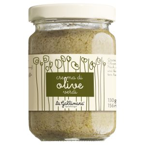 Ein Glas La Gallinara Olivencreme Grün (Crema di olive verdi).