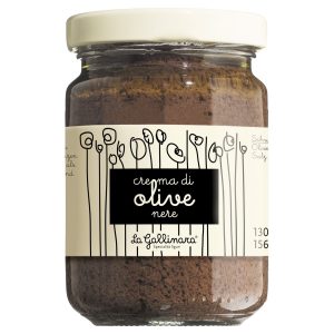 Ein Glas La Gallinara Olivencreme Schwarz (Crema di olive nere).