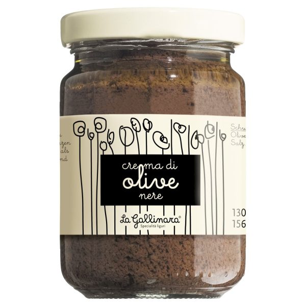 Ein Glas La Gallinara Olivencreme Schwarz (Crema di olive nere).
