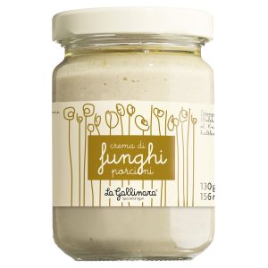 Ein Glas La Gallinara Steinpilzcreme (Crema di funghi porcini).