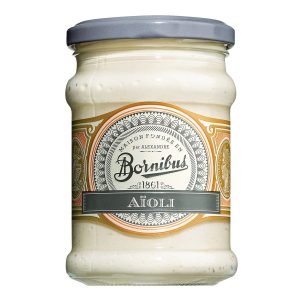 Ein Glas Bornibus Sauce Aioli (Knoblauch Sauce).