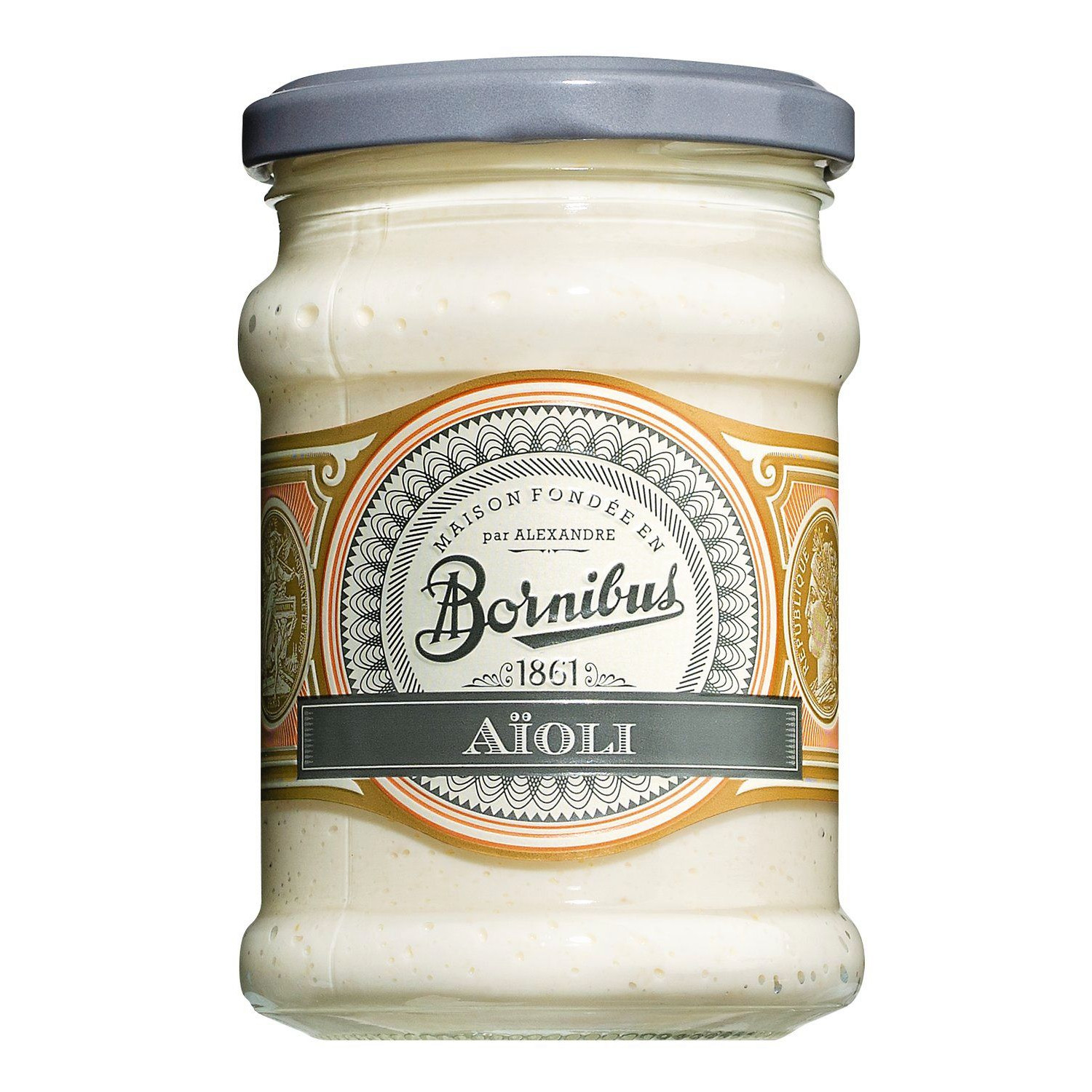 Ein Glas Bornibus Sauce Aioli (Knoblauch Sauce).