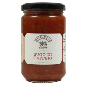 Ein Glas Mongetto Sugo di Capperi, eine Tomatensauce mit Kapern.