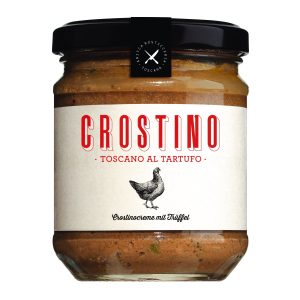 Ein Glas Viani Crostino Toscano al Tartufo, eine toskanische Crostinocreme mit Trüffeln.