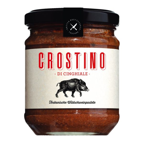 Ein Glas Viani Crostino di Cinghiale, eine toskanische Wildschweinpastete.