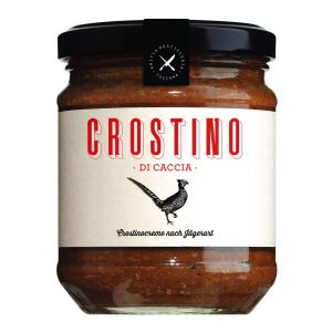 Ein Glas Viani Crostino di Caccia, eine Crostinocreme nach Jägerart.