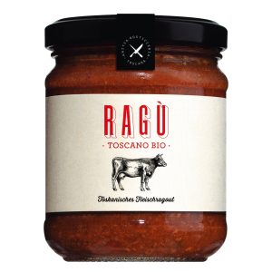 Ein Glas Viani Ragù Toscano, ein Fleischragout nach toskanischer Art.