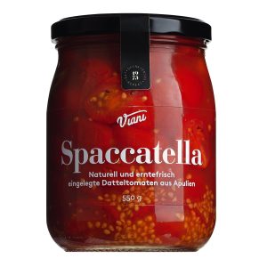 Ein Glas Viani Spaccatella Classica mit halbierten Datteltomaten in eigenem Saft.