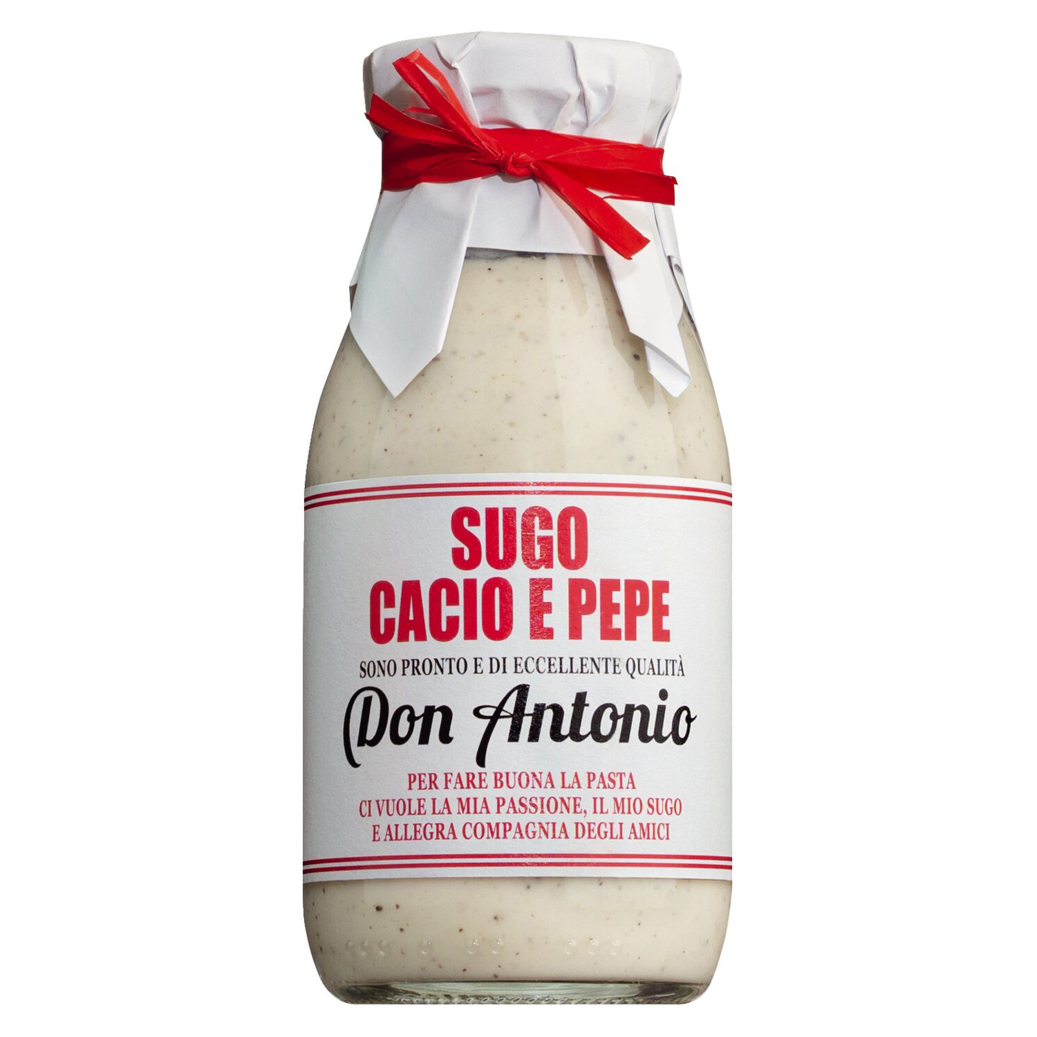 Ein Glas cremige Pastasauce "Cacio e Pepe" mit Pecorino Romano Käse und schwarzem Pfeffer von Don Antonio.