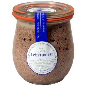 Ein Glas Leberwurst, hergestellt von der Rügener Landschlachterei unter der Marke Baron Beitzelsche.