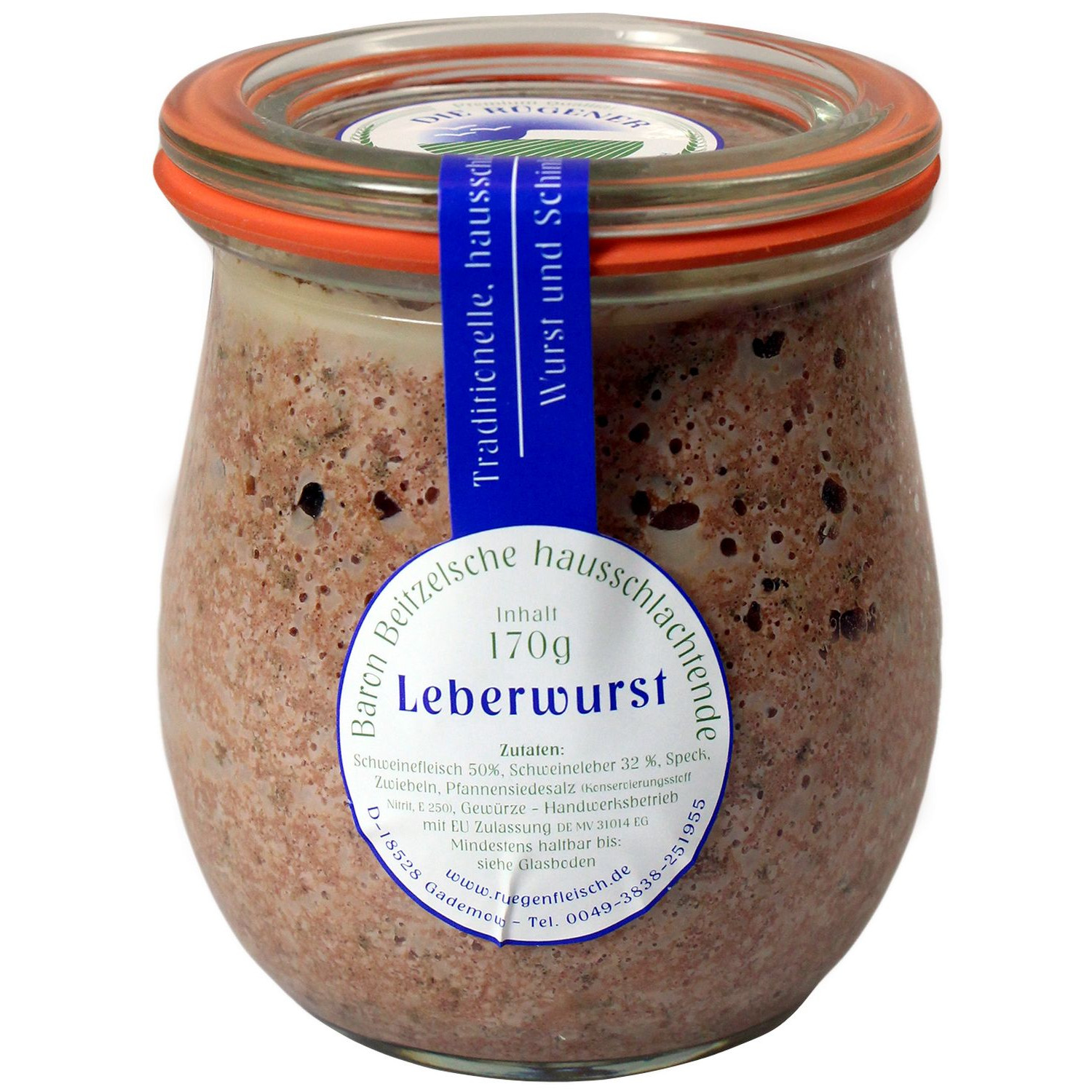 Ein Glas Leberwurst, hergestellt von der Rügener Landschlachterei unter der Marke Baron Beitzelsche.