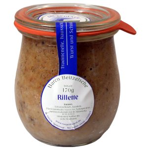 Ein Glas Rillette (Brotaufstrich aus Schweinefleisch) von der Rügener Landschlachterei unter der Marke Baron Beitzelsche.