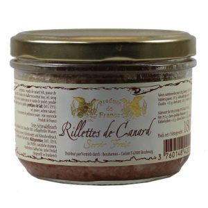 Ein Glas Entenrillettes, ein traditioneller Brotaufstrich aus Entenfleisch, von Servir Frais Beauharnais.