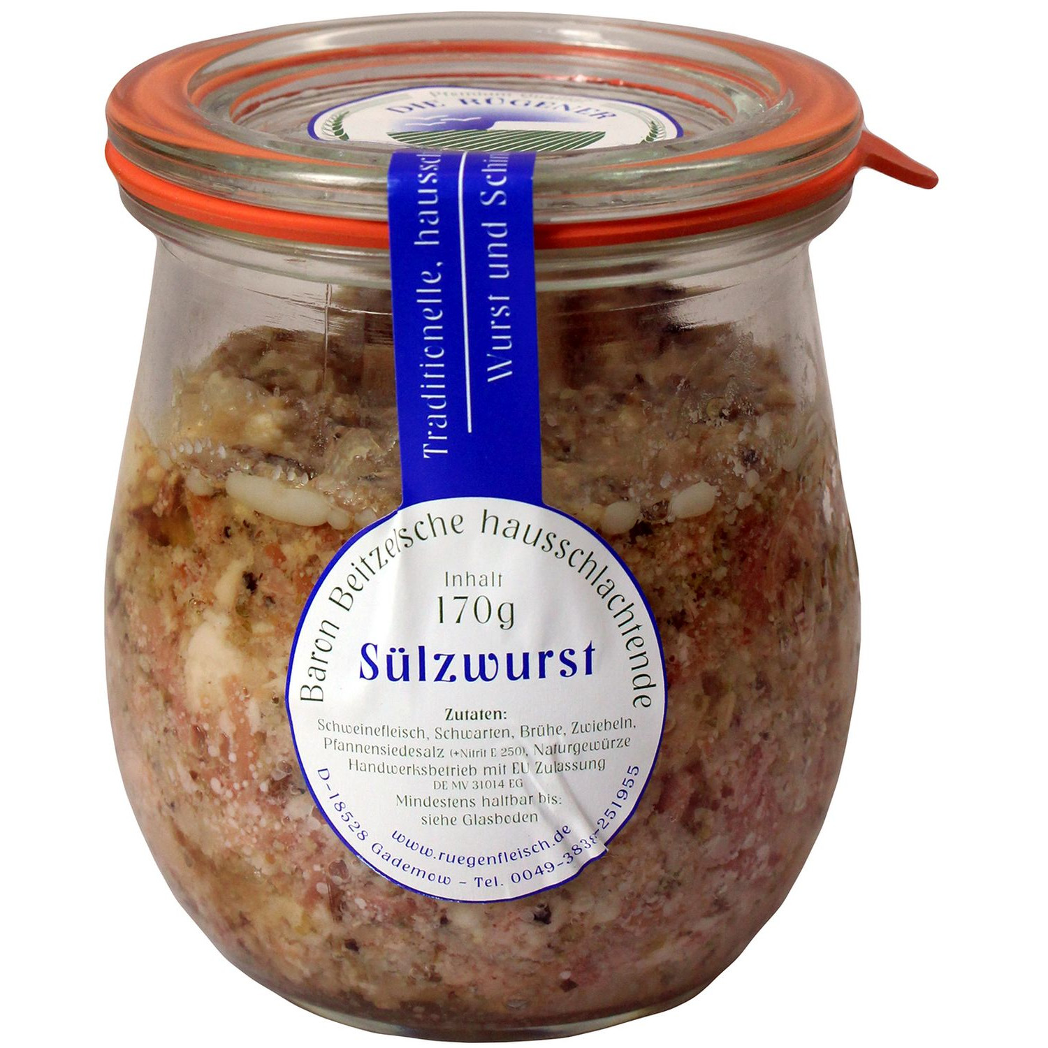 Ein Glas Sülzwurst, hergestellt von der Rügener Landschlachterei unter der Marke Baron Beitzelsche.