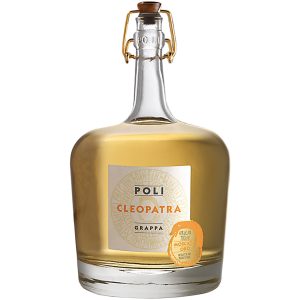 Eine goldfarbene Flasche des Grappa Cleopatra Moscato Oro 0,7l von Jacopo Poli.