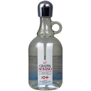 Eine hell goldfarbene Flasche des Grappa Optima von Nonino.