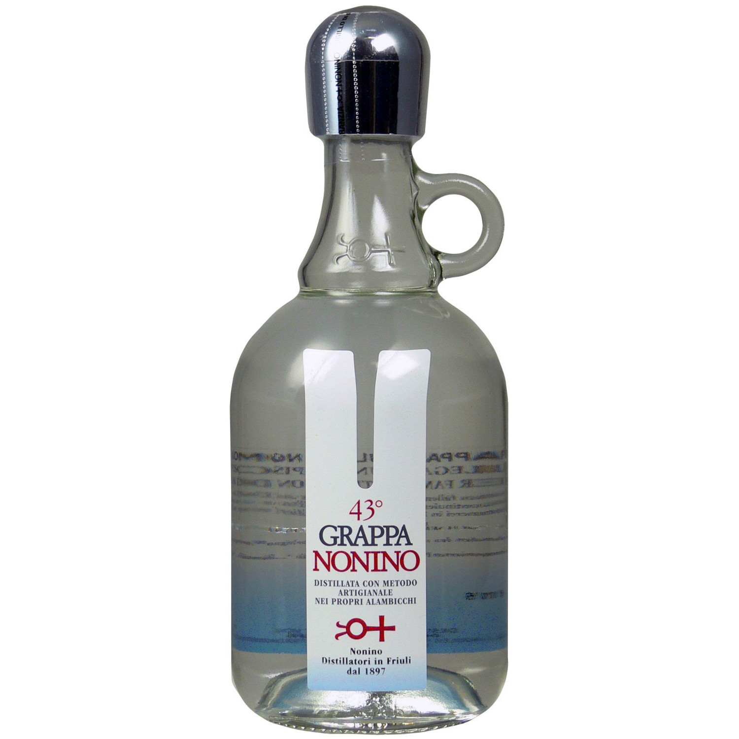 Eine hell goldfarbene Flasche des Grappa Optima von Nonino.