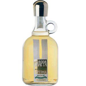 Eine hell goldfarbene Flasche des Grappa Optima von Nonino.