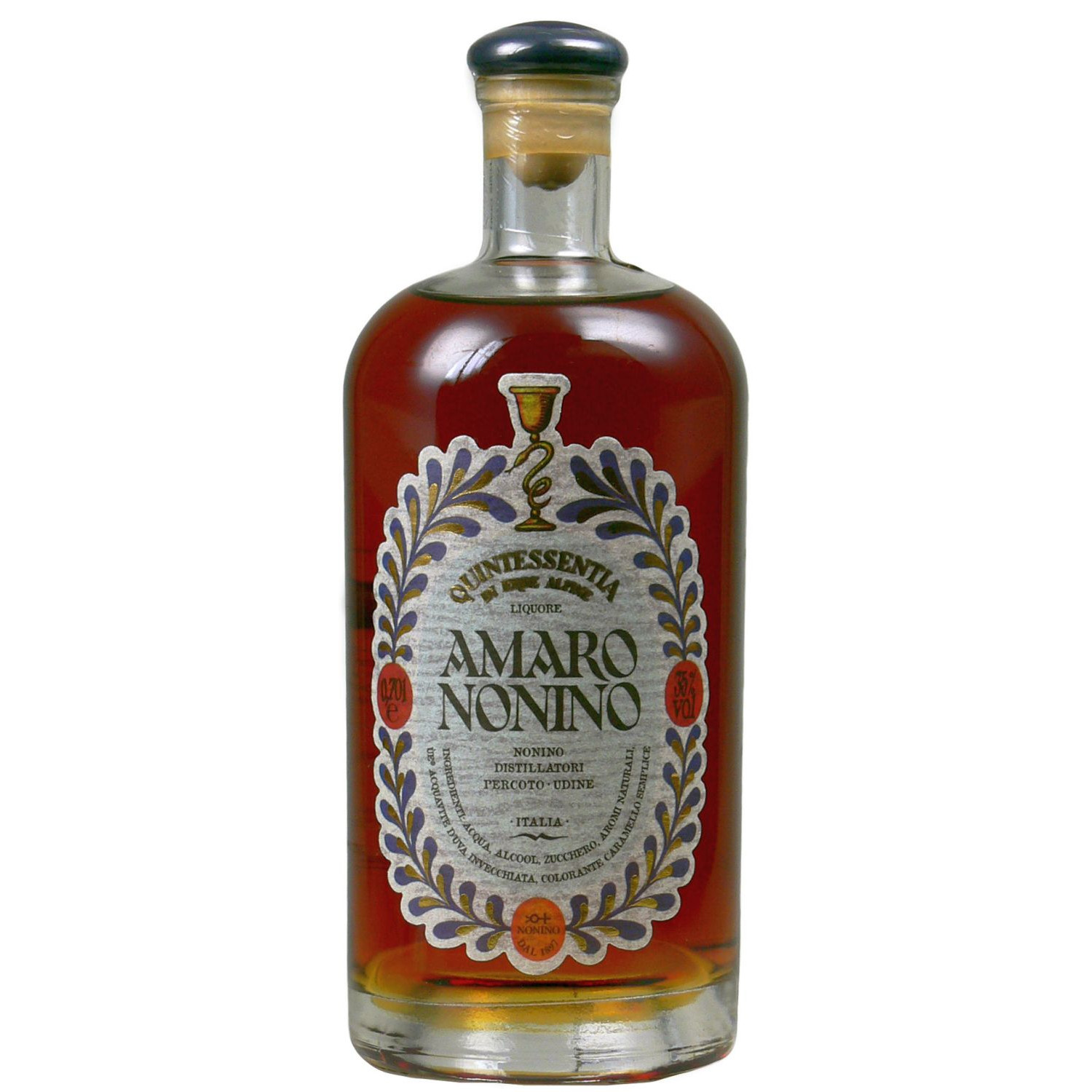 Eine Flasche des Amaro Quintessentia di Erbe Alpine von Nonino.