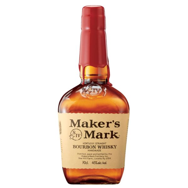 Eine Flasche Maker's Mark Kentucky Straight Bourbon Whiskey 0,7l - erkennbar am charakteristischen roten Wachssiegel am Flaschenhals.