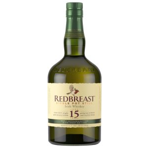 Eine Flasche Redbreast 15 Jahre 0,7l - mit einem roten Etikett und dem Bild eines Rotkehlchens.