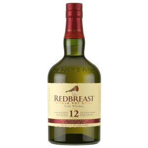 Eine Flasche Redbreast 12 Jahre 0,7l - mit rotem Etikett und dem Bild eines Rotkehlchens.