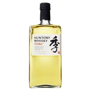 Eine rechteckige Flasche Suntory Toki mit einem hellen Etikett