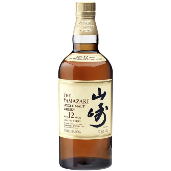 Eine Flasche Suntory Yamazaki 12 Jahre, 0,7 l, mit einem eleganten Etikett, das in einem goldenen Rahmen mit japanischer Kalligraphie eingerahmt ist.