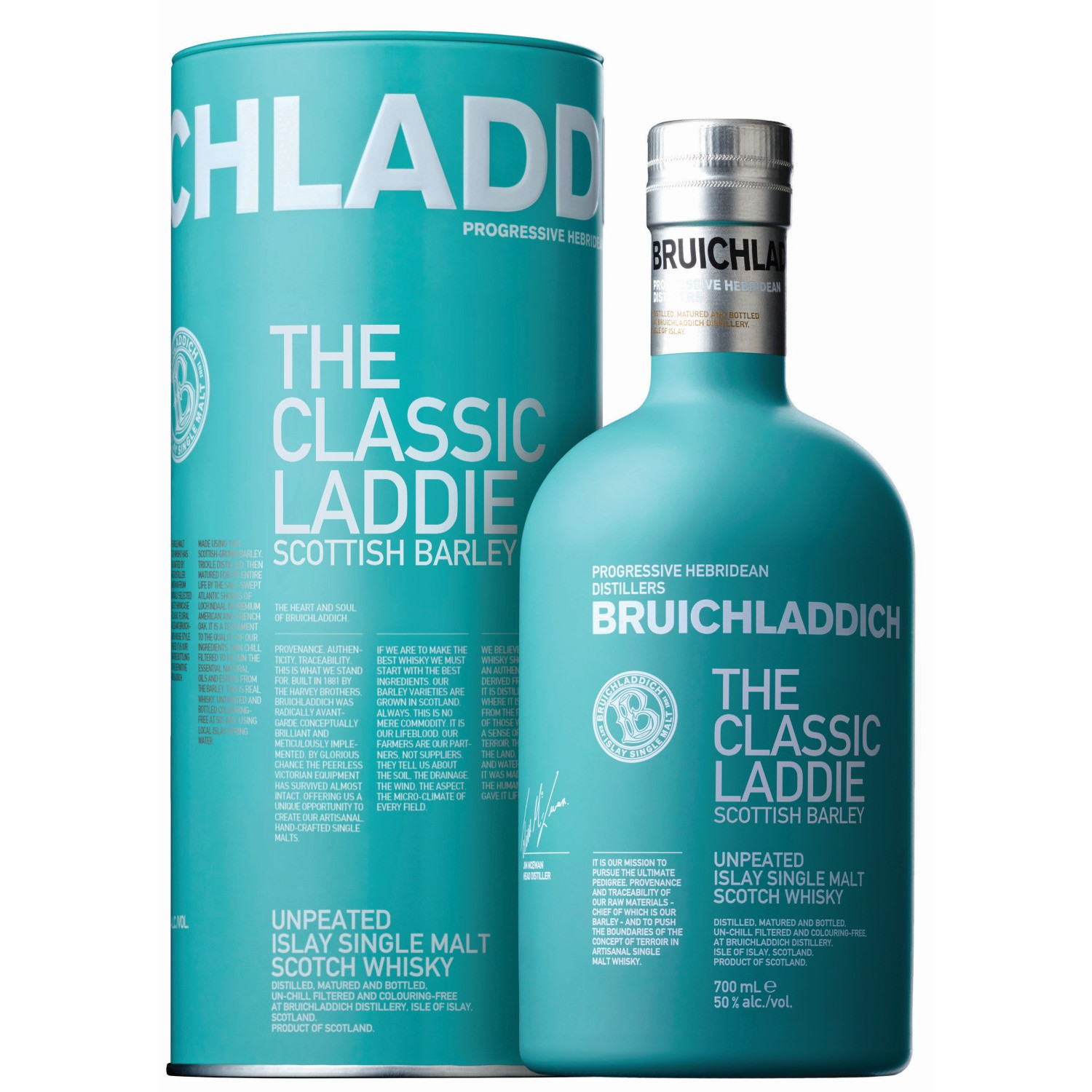 Eine Flasche Bruichladdich The Classic Laddie, 0,7 l, mit einer leuchtend türkisfarbenen Flasche und einem weißen Etikett.