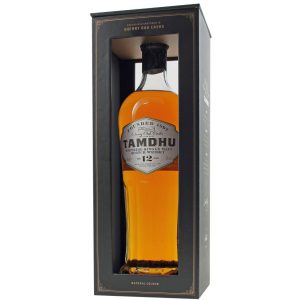 Eine Flasche Tamdhu 12 Jahre, 0,7 l – moderne, bauchige Flasche mit einem silberfarbenen Etikett