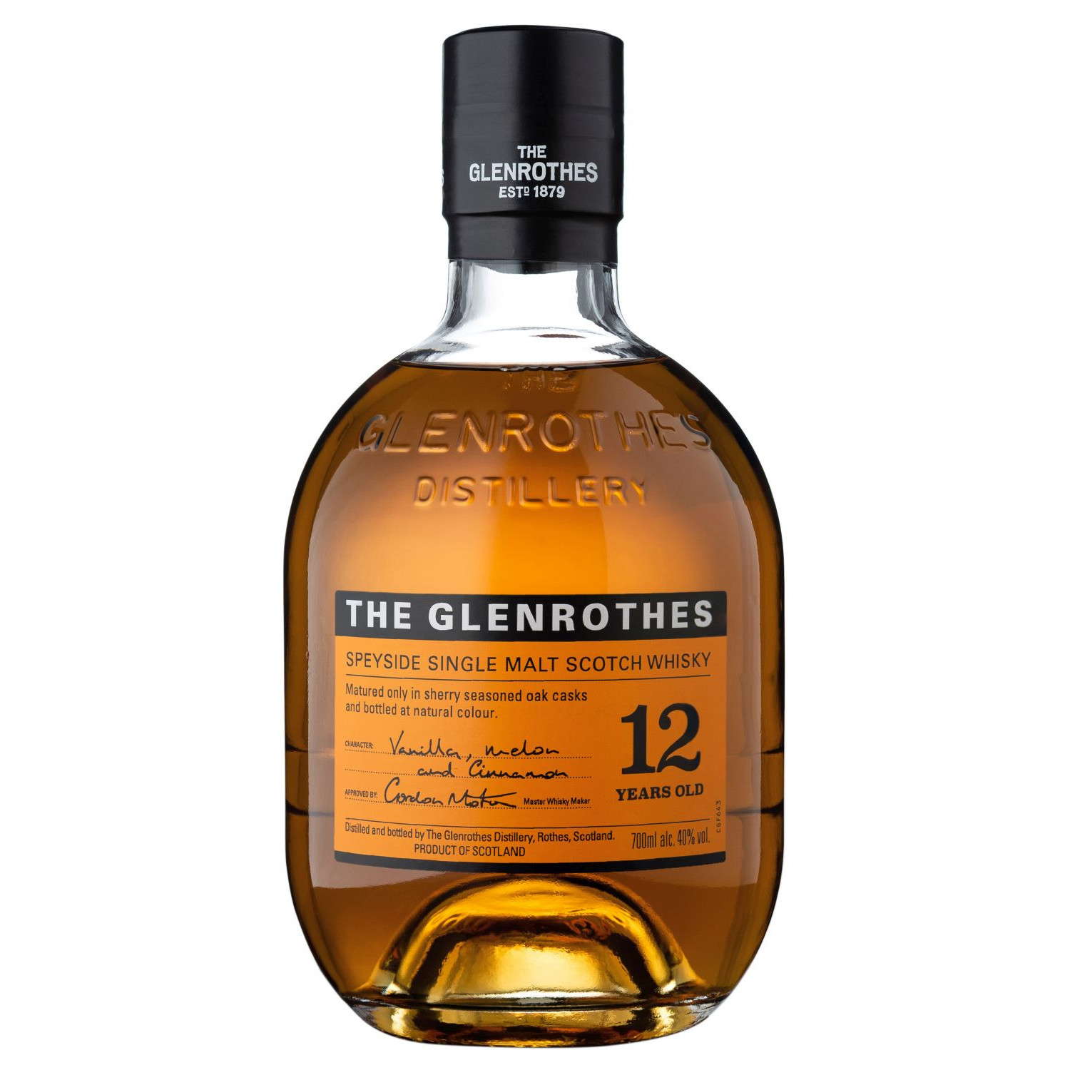 Eine Flasche Glenrothes 12 Jahre, 0,7 l – moderne, bauchige Flasche mit orangenem Etikett