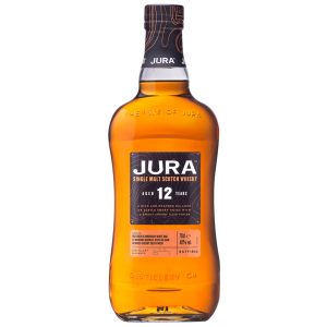Eine Flasche Jura 12 Jahre, 0,7 l – hohe, zylindrische Flasche mit einem cdunklem Etikett