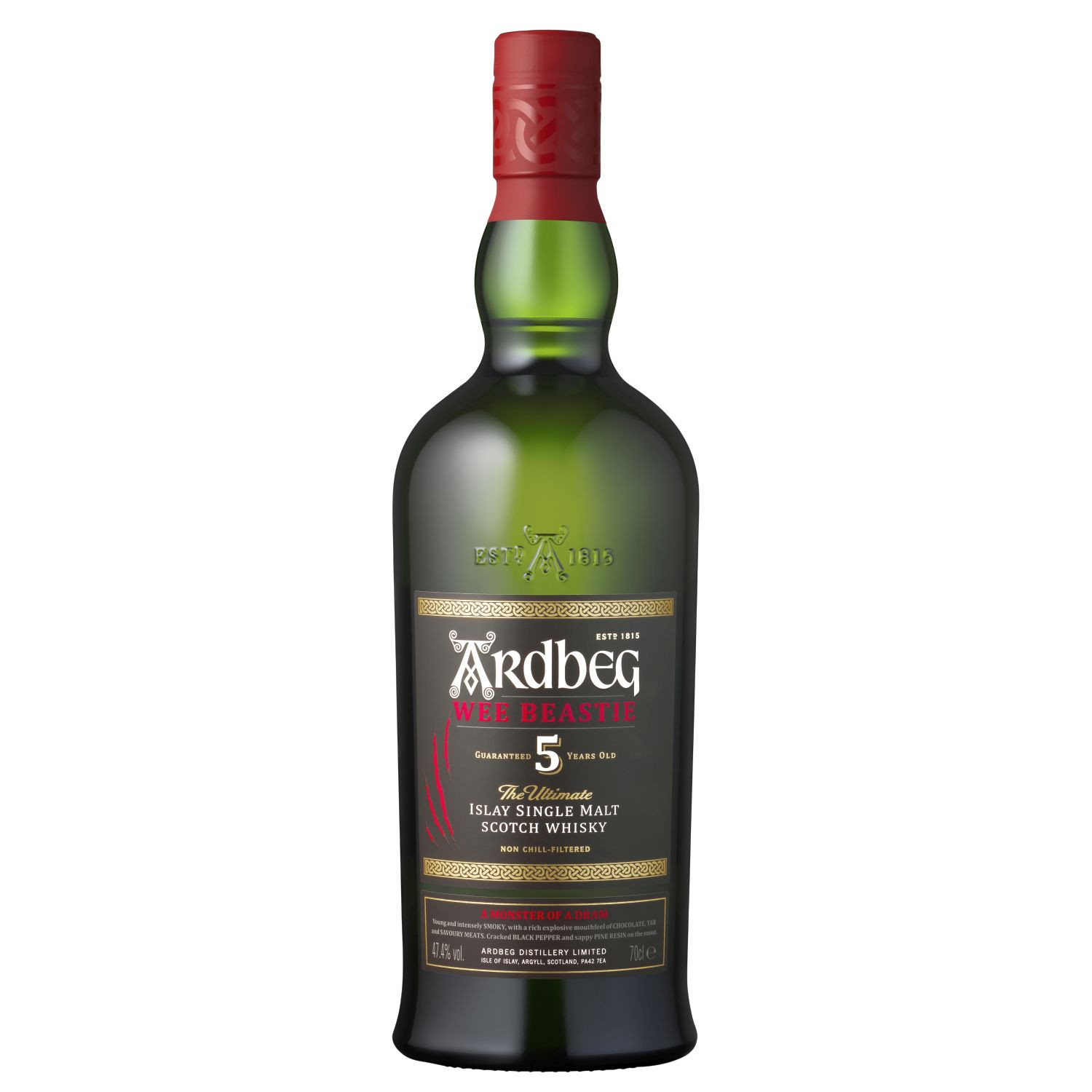 Eine Flasche Ardbeg Wee Beastie, 0,7 l – ikonische, grüne Flasche mit einem schwarzen Etikett,