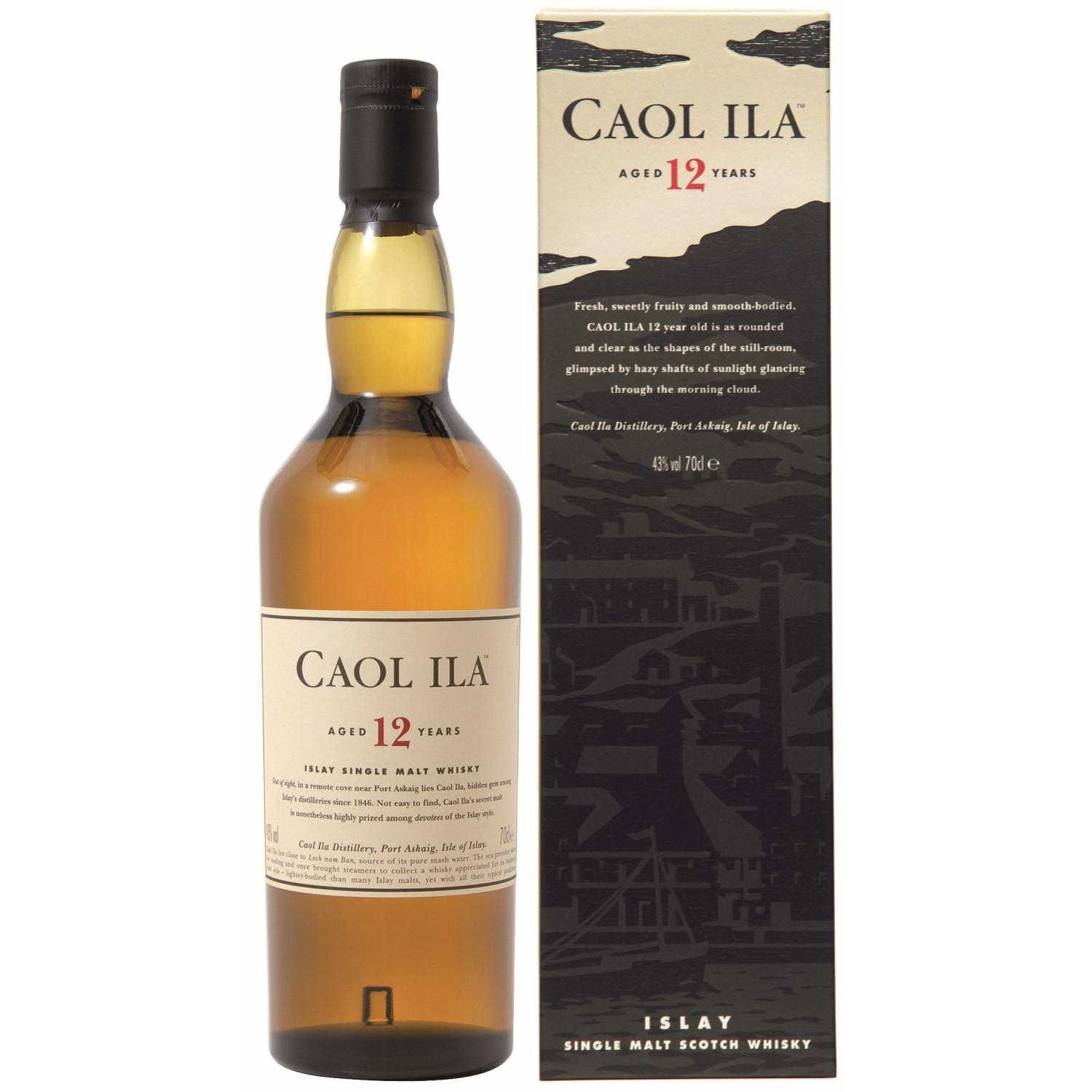 ine Flasche Caol Ila 12 Jahre, 0,7 l, mit einem beigem Etikett und dem Caol Ila-Logo.