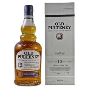 Eine Flasche Old Pulteney 12 Jahre, 0,7 l, mit einem hellen Etikett und nautischen Elementen.