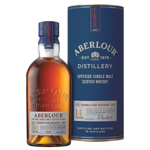Eine Flasche Aberlour 14 Jahre, 0,7 l, mit einem dunklen, eleganten Etikett.