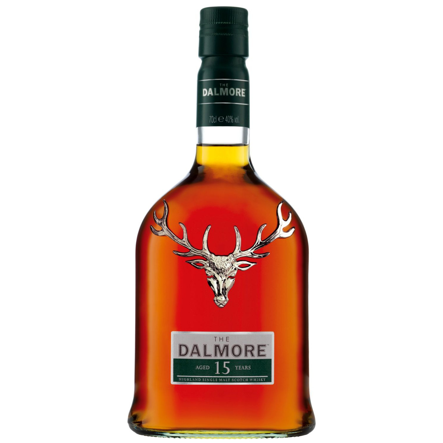 Eine Flasche Dalmore 15 Jahre, 0,7 l – ikonische Flasche mit einer Hirschkopf-Applikation auf dem Etikett.
