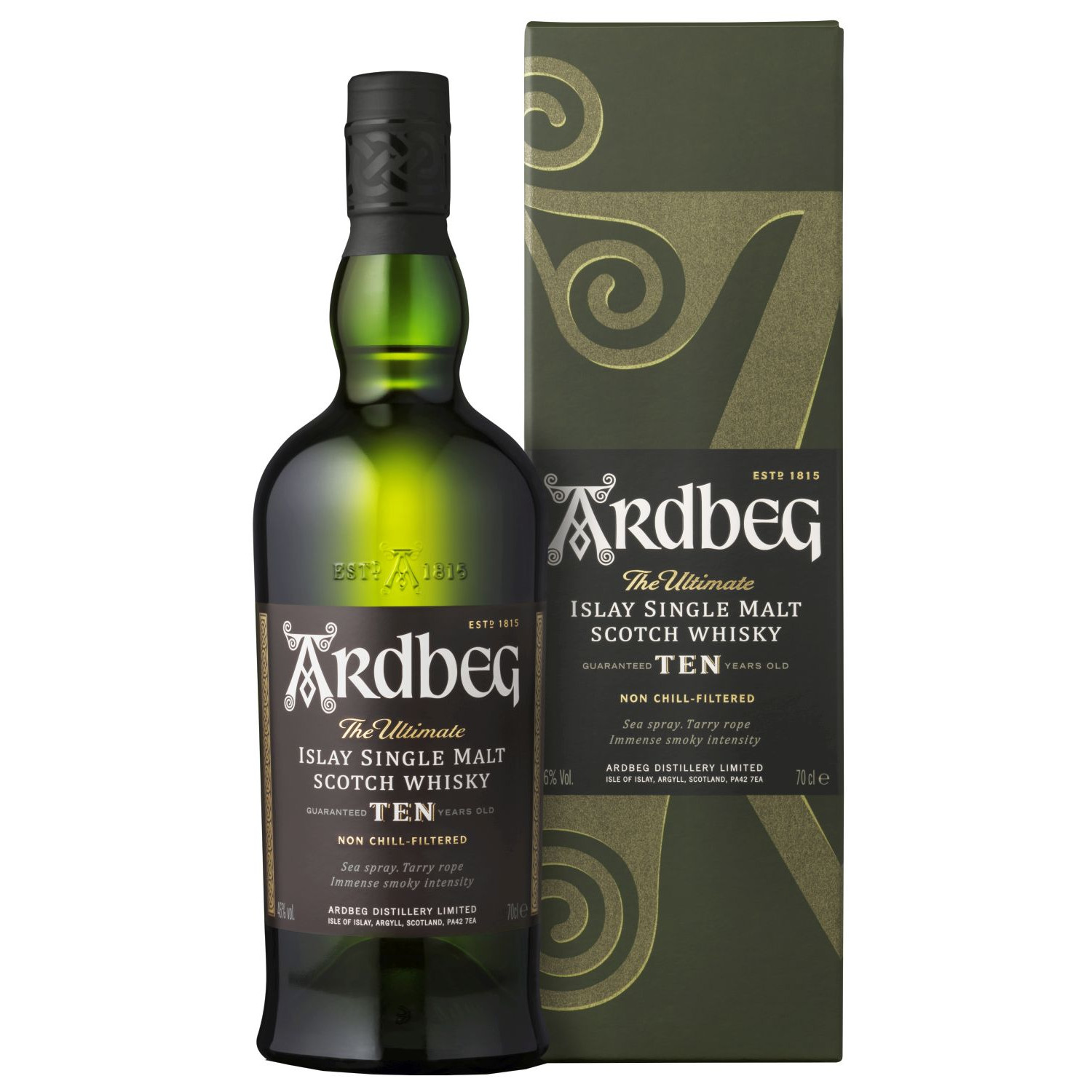 Eine Flasche Ardbeg 10 Jahre, 0,7 l – ikonische, grüne Flasche mit einem langen Hals und einem schwarzen Etikett
