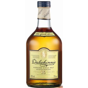 Flasche Dalwhinnie 15 Jahre, 0,7 l – schlichte, durchsichtige Flasche mit gelbem Etikett