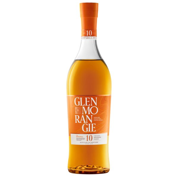 Flasche Glenmorangie The Original, 0,7 l – schmale, durchsichtige Flasche mit orangenem Etikett mit einer Geschenkverpackung