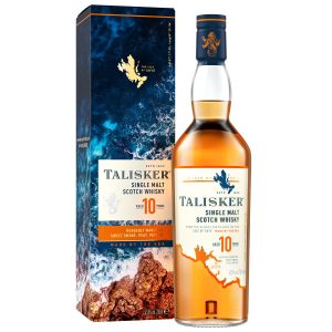 Flasche Talisker 10 Jahre, 0,7 l – robuste, durchsichtige Flasche in einer blauen Verpackung