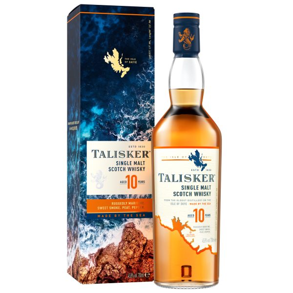 Flasche Talisker 10 Jahre, 0,7 l – robuste, durchsichtige Flasche in einer blauen Verpackung