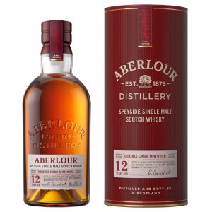 Flasche Aberlour 12 Jahre, 0,7 l – elegante, durchsichtige Flasche mit farbigem Etikett und einer Geschenkverpackung.