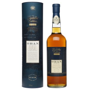 Flasche Oban Distillers Edition, 0,7 l – schmale, durchsichtige Flasche mit dunkelblauem Etikett